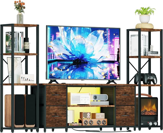 LED TV Stand Bookshelf Combo with Charging Station for 65 60 55 Inch TV, Entertainment Center with Lights & Drawers, Industrial Media TV Console Table for Living Room Bedroom Office, Rustic Brown