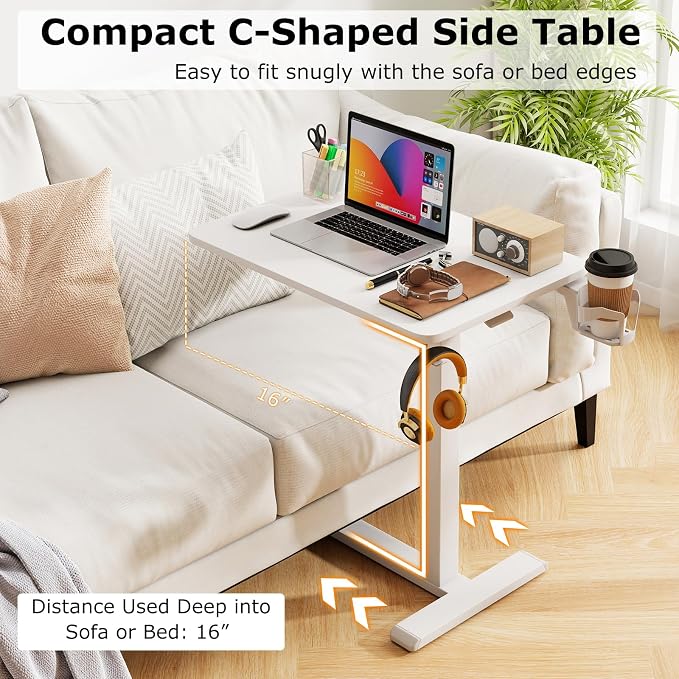 Tangkula Mobile Standing Desk, Pneumatic Height Adjustable Rolling Desk with Cup Holder & Headphone Hook, Overbed Table with Hidden Wheels, Laptop Computer Cart for Couch, Home, Office (White)