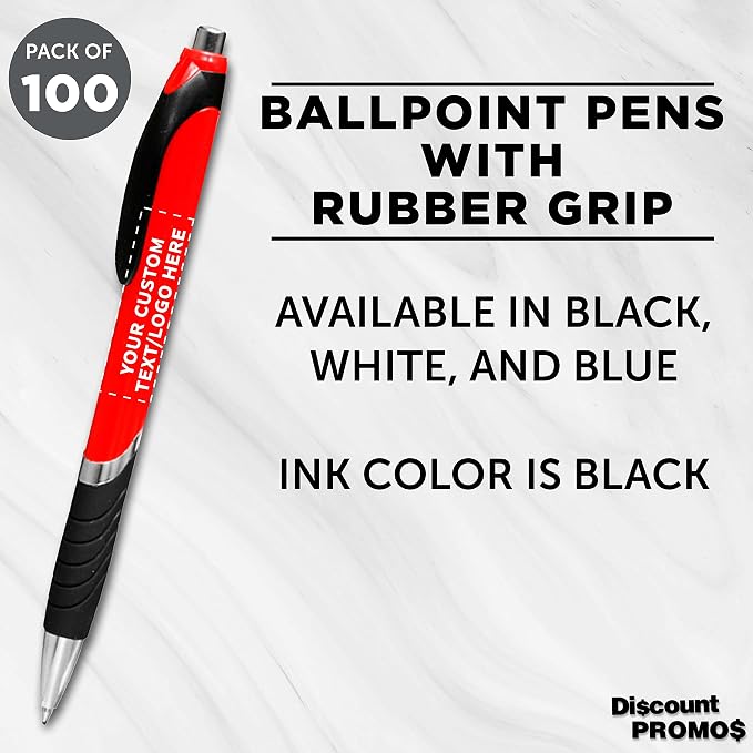 DISCOUNT PROMOS Ballpoint Pens With Rubber Grip - 100 pack - Customizable Text, Logo - Black Ink Ball Point Pen with Soft Touch Plastic - Red