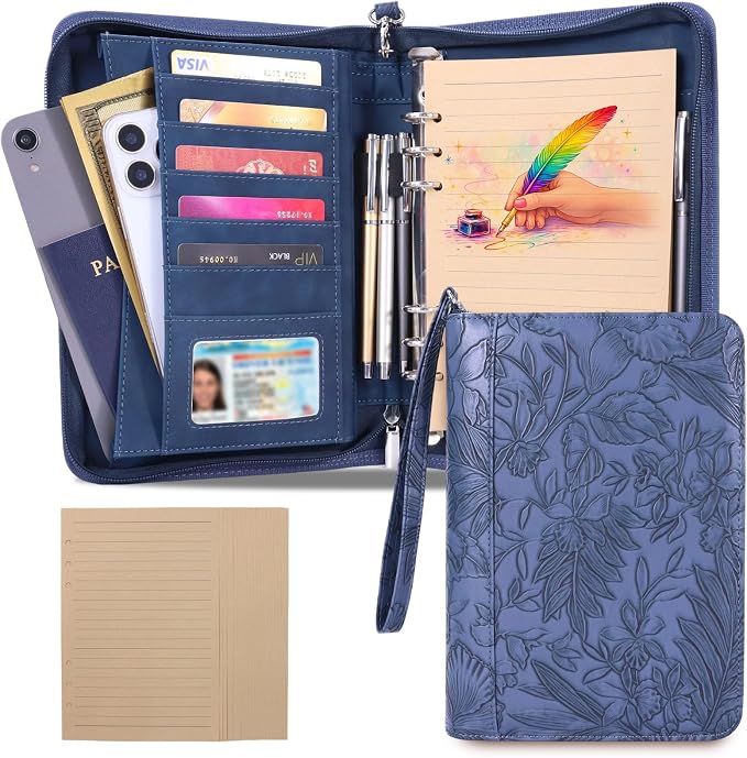 A5 Binder 6 Ring with Zipper, Portable Planner for Travel & Study | Faux leather A5 planner with detachable 6 rings, lined pages, pouches, card slots and pen holder for daily use.