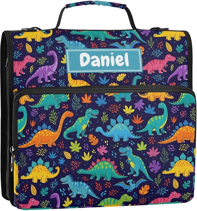 Custom Dinosaurs Leaves Black Print 3 Ring Zipper Binder with Shoulder Strap & Handle 1.5 Inch D-Ring Zippered Bag with Multiple Pocket, Personalized Binder Organizer for School or Office