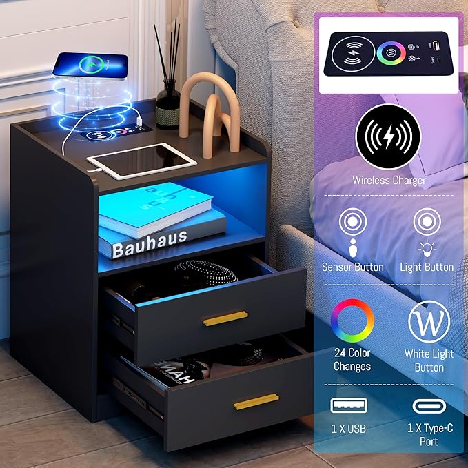 dnbss RGB Nightstand with Charging Station, Smart Bedside Table, Black | LED Night Stand, 2 Drawers, 1 Compartment, Human Body Sensor, Modern End Side Table for Bedroom Living Room Office Storage