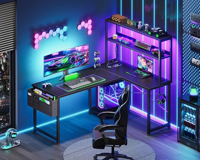 AODK L Shaped Desk Gaming Desk with LED Light & Power Outlet | 43 Inch Black Reversible L Shaped Computer Table with Shelf, Corner Desk with Storage Bag&Hook for Home Office Desk