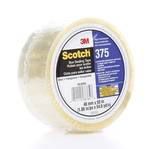 3M Scotch 375 Industrial-Grade Packing Tape, Clear, 48 mm x 50 m