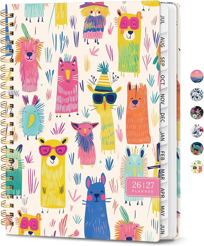 Planner 2026-2027, Academic Year Monthly & Weekly Planner Caledndar, July 2026 - June 2027, Hardcover Large Planning Agenda Book with Tabs for School Office Supplies, 8.5" x 11" - Furry Fiesta
