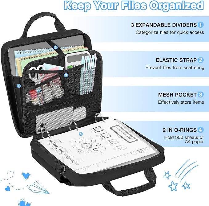 MoKo Zipper Binder Bag, 2-Inch 3-Ring, 500 Sheets, Black | 6L water-resistant bag fits a 13-inch tablet and 14-inch laptop, with backpack, shoulder and hand carry options.