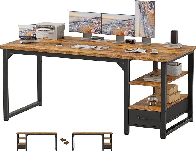 63 in Computer Desk with Drawer, 1" Thick Reversible Office Desk | Large Modern Writing Table with Storage Shelves, Heavy Duty Industrial Executive Desk for Home Bedroom Study Work