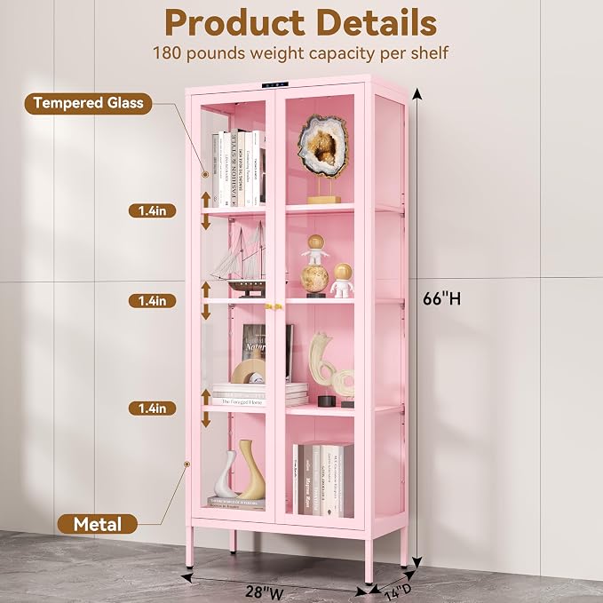 Polup 66" Pink Glass Display Cabinet with 8-Color LED for Collectibles | Metal Frame & Tempered Glass Doors, Motion Sensor LED, 4-Tier Space, 3 Adjustable Shelves, for Indoor Plants & Figures
