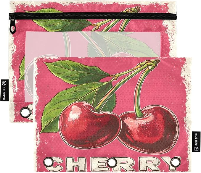 Red Cherry Print Pencil Pouch for 3 Ring Binder, 2 Pack Waterproof Pencil Bags Clear Window Pencil Case Zipper School Office Supplies