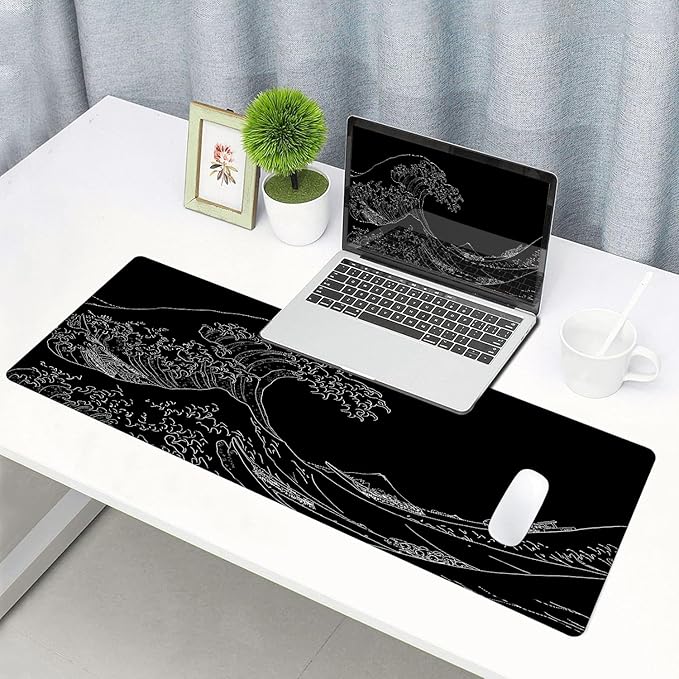 Armanza Large Mouse Pad Gaming, Extended Mousepad with Stitched Edges, Non-Slip Rubber Base Keyboard Desk Mat Mouse Pads for Work, Game, Office, Home, 31.5 x 11.8 in, Black Wave of Kanagawa