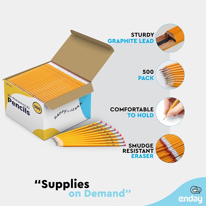 Enday #2 Pencils Bulk - 500 Pack - Pre-Sharpened #2 Wood-Cased Yellow Sharpened Pencils for Kids with Latex-Free Eraser Top for Office and Classroom Supplies