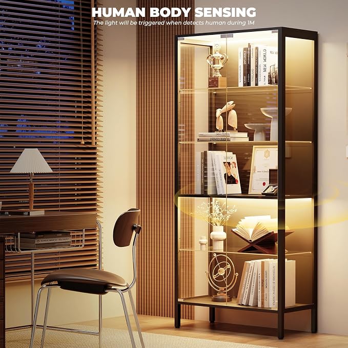 Glass Display Cabinet, 5-Tier Display Case with Adjustable Glass Shelves, Metal Curio Cabinet with 3 Color Lights for Collectibles, Bookcase with Human Body Sensor, Black