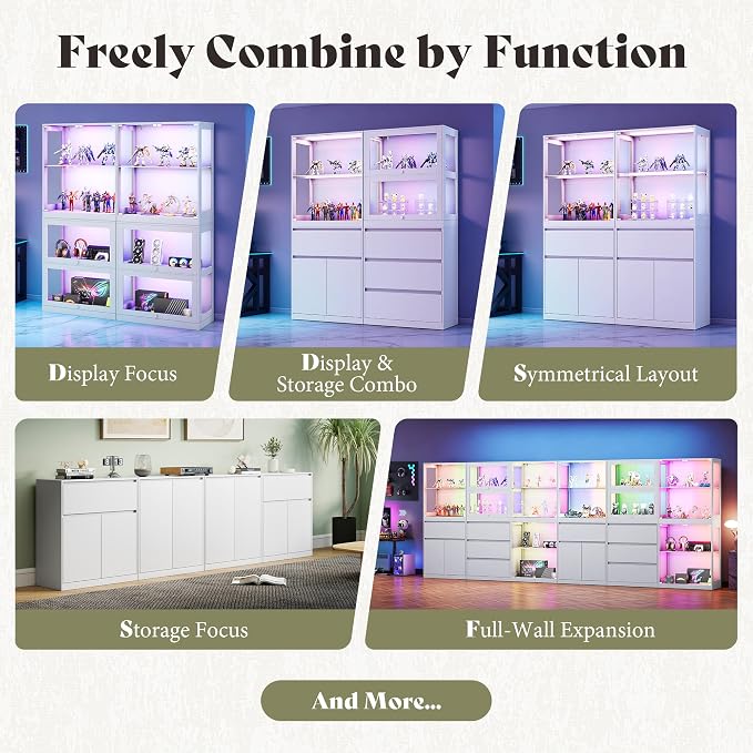 AMERLIFE RGB Display Cabinet, 32 x 16 x 36 Inch | 2-Tier Storage Case with LED Lights and 2 Glass Flip-Up Doors, White