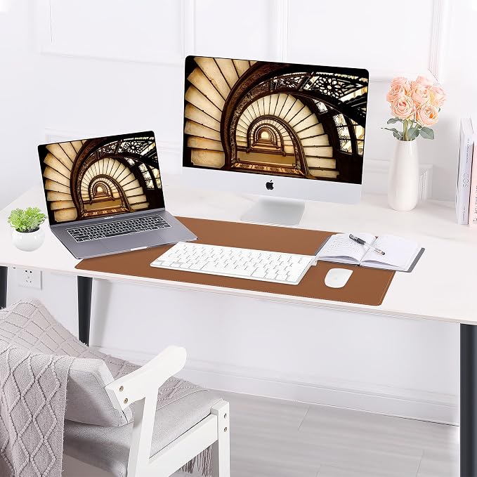 AFIING Leather Desk Mat, Brown, 23.6" x 13.8", Desk Pad Protector | Dual-Sided & PU Leather, Waterproof, Non-Slip for Mouse Pad, Writing, Home Office& Laptop