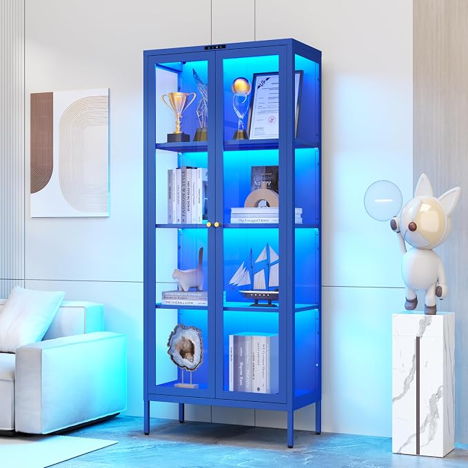 Polup 66" Blue Glass Display Cabinet with 8-Color LED for Collectibles | Metal Frame & Tempered Glass Doors, 3 Adjustable Shelves, Motion Sensor LED,4-Tier Space, for Indoor Plants & Figures