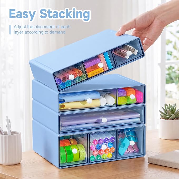Desk Organizer with 9 Drawers, 4 Tiers Stackable Storage Drawers, Desktop Storage Box with Clear Drawers for Stationery, Makeup, Jewelry, Office and Craft Supplies (Blue)