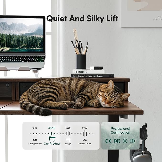 CubiCubi 63x48 Inches L Shaped Standing Desk with 3 Drawers and Monitor Shelf, Height Adjustable Corner Computer Desk with Hooks, Sit Stand Up Ergonomic Home Office Workstation Table, Deep Walnut