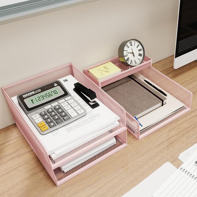 Natwind 3-Tier Stackable Metal Mesh Letter Paper Tray Organizer,Pink | Desk Organizer For Paper,Document,Mail Tray For Office Supplies,File Holder For Home Office School Classroom Organization