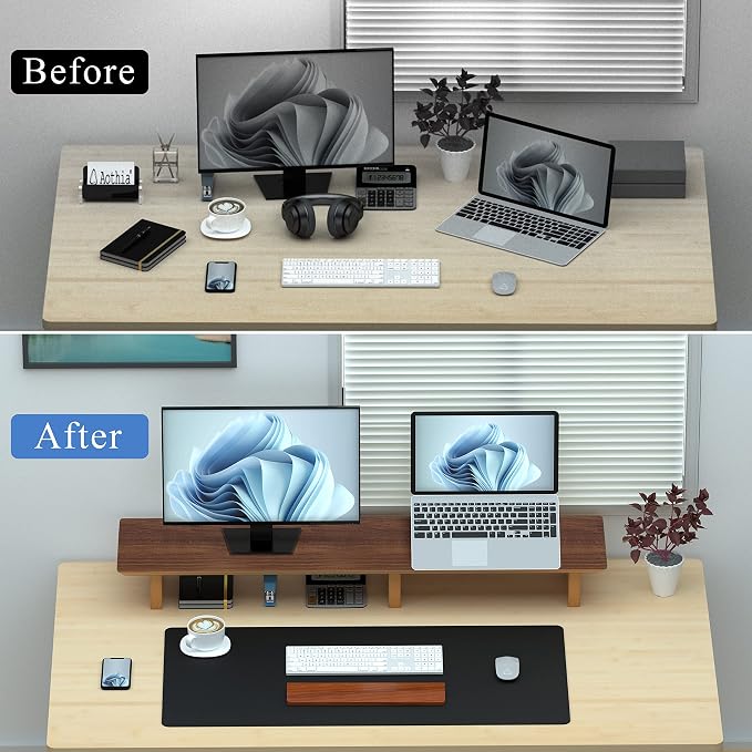 Aothia Solid Wood Dual Monitor Stand Riser for Desk, 43 Inch Black Walnut Computer Monitor Riser with Cork Legs, Extra Long Desktop Organizer Shelf for 2 Monitors, Laptop & Printer
