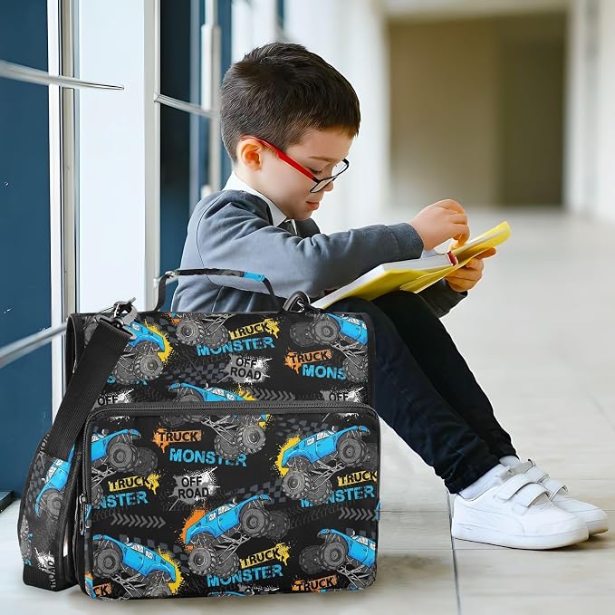 Monster Truck Print Zipper Binder Bag 3 Ring with Shoulder Strap & Handle Multi Pocket Binder Organizer Bag Large Capacity for School Office Supplies