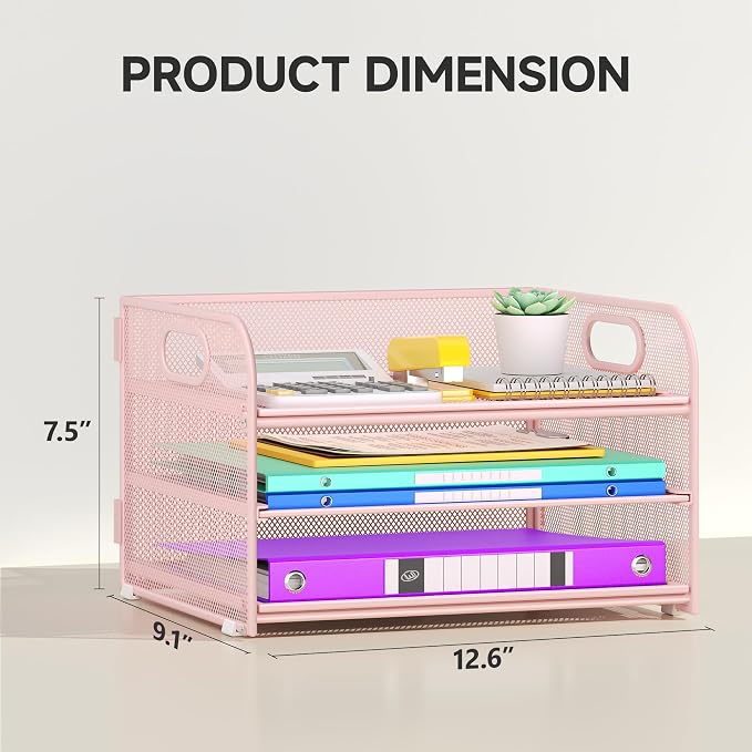Cawukege 3 Tier Paper Organizer with Handle, Metal Desk Organizer Mesh Paper Letter Tray Desktop File Folder Document Sorter for Classroom, School, Office Accessories Storage (1, Pink)