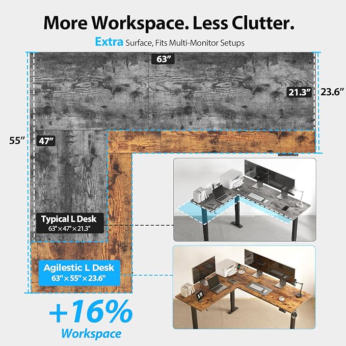 Agilestic 63 x 55 Inch L Shaped Electric Standing Desk, Vintage Brown | Corner Desk, Ample Workspace, Memory Presets, Hooks, Stable Steel Frame,176 lbs Capacity, Easy Assembly, Splice Board