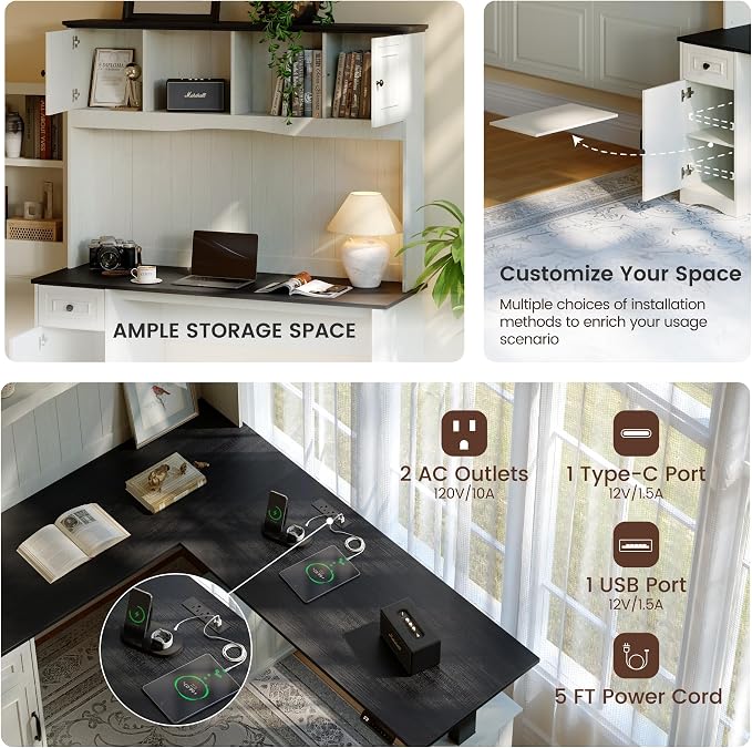 FEZIBO 80x60 L Shaped Electric Standing Desk with Hutch and Drawers, Farmhouse Height Adjustable Sit Stand Desk with Cabinets, Large Corner Home Office Computer Desk with Power Outlets, Antique White