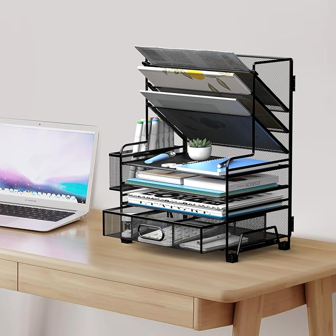 MINDEPOT 4-Tier Paper Organizer + 3-Pocket File Holder + Drawer + Pen Holders, Desktop File Organizers Paper Tray for Office Accessories School Classroom Organization (Black)