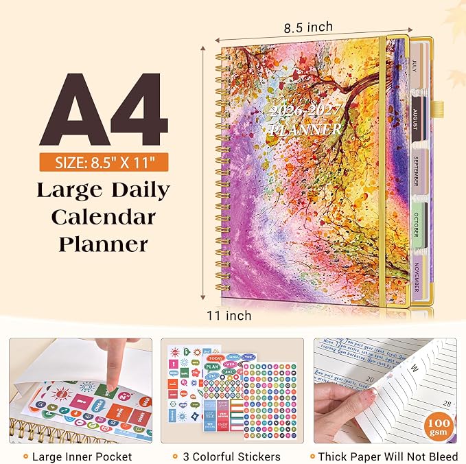 Academic Planner 2026-2027, 18 Months Weekly and Monthly Daily Planner from July 2026 - December 2027, 8.5" x 11" A4 Large Hardcover Agenda Organizer Book with Tabs, Spiral Yearly Calendar Planners for School Work Home,Autumn Tree