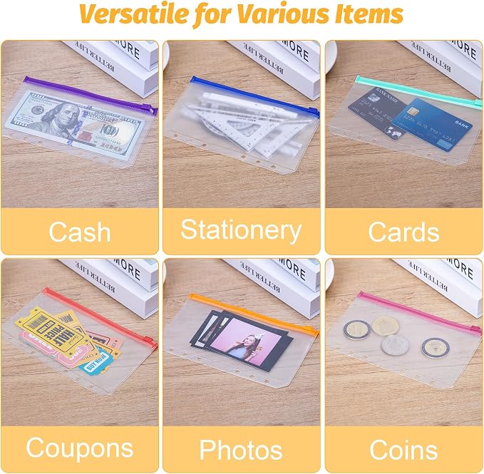 Antner 20PCS A6 Binder Pockets 6-Hole Budget Binder Inserts, 10 Assorted Color Zipper Pouch Folders Cash Stuffing Envelopes for Budgeting, Loose Leaf Filling Bags Money Organizer for A6 6-Ring Binders