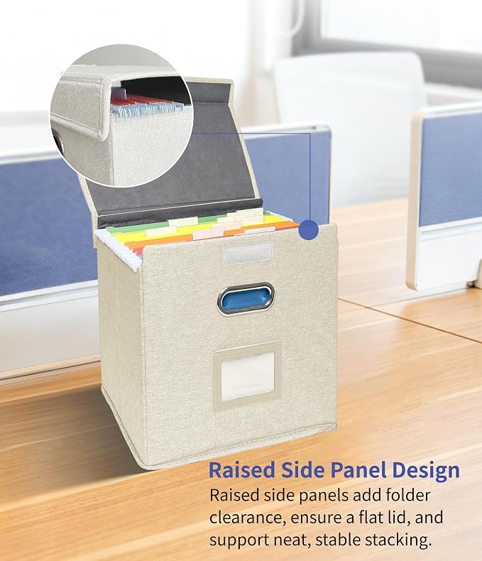 4 Pack Hanging File Folder Box with Lid, Durable Letter Size Filing Storage Box, Sturdy File Holder with Cardboard Support PVC Rails for Office Home Organizer, Beige