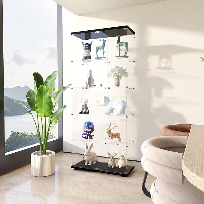 Frameless Glass Display Cabinet, Curio Cabinet with Lock and 2 Doors, Quick-Install Floor Standing Large Showcase Display Shelf for Collectibles, Legos, Figures, Plants