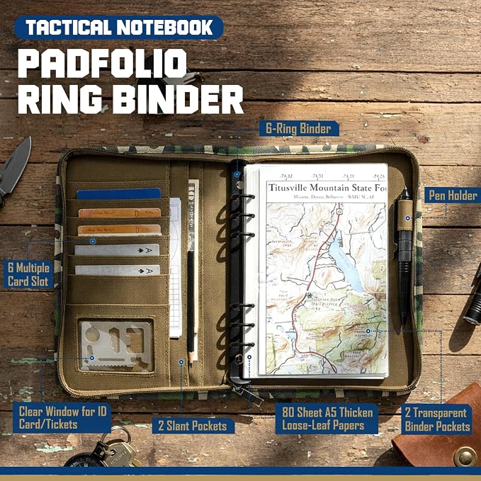 WYNEX Tactical Notebook Padfolio 6 Ring Binder, A5 Refill Paper | M-7.3x10" Zip Hardcover Notebook, 80 Sheets Loose Leaf Paper, 1"O-ring Water-Resistant Planner, for Office College Field Gift