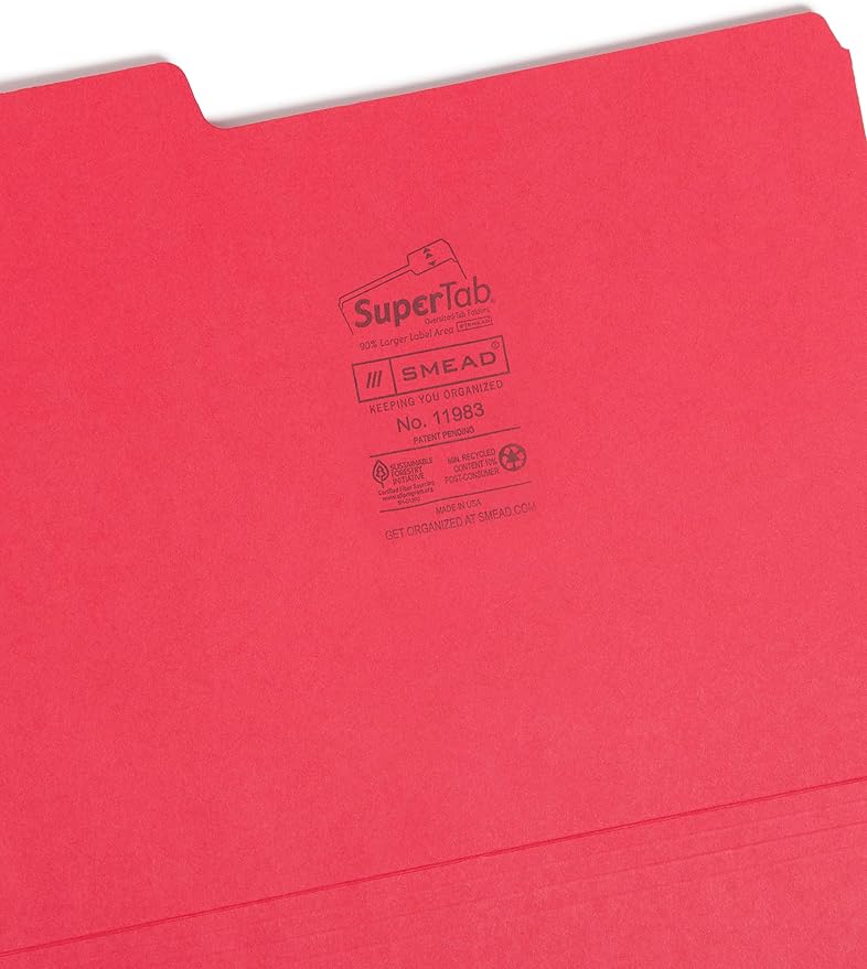 Smead SuperTab File Folder, Oversized 1/3-Cut Tab, Letter Size, Red, 100 per Box (11983), Pack of 1