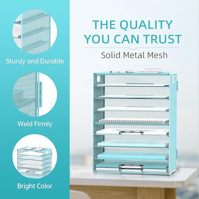 9-Tier Paper Organizer for Desk, Metal Mesh Letter Tray with Handles, Blue | Desk File Organizer with Removable Trays for Sorting Files, Folders, Mail and Printer Paper at Home, School or Office