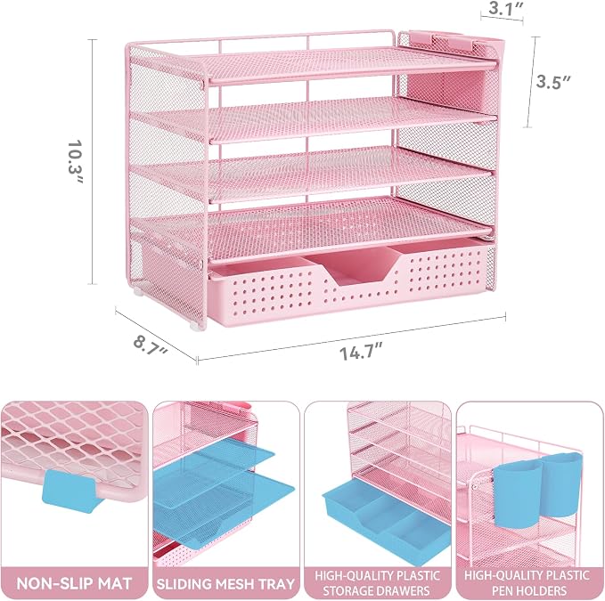 LEKETREE Desk Organizers and Accessories, 5-Tier Paper Letter Tray Organizer with Drawer & 2 Pen Holders, Desktop Organizer for Office Supplies (Pink)