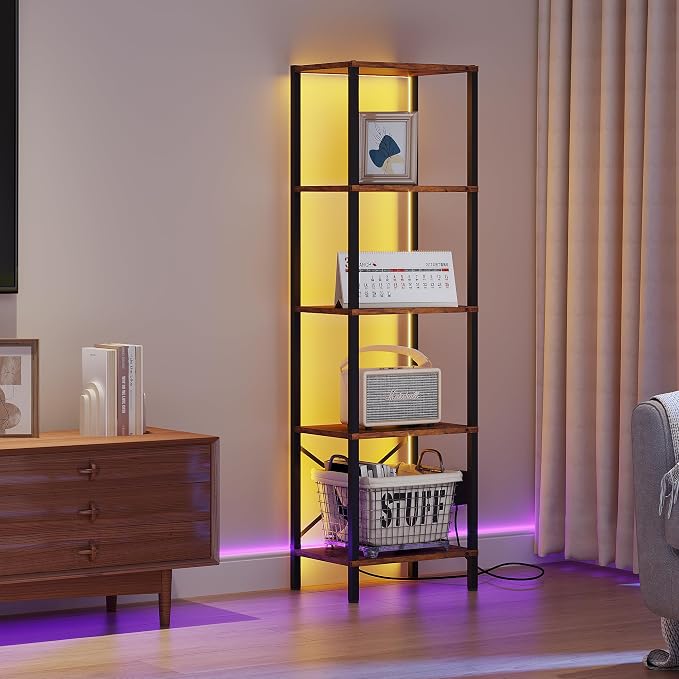 JARHETUN 5-Tier Bookshelf, Tall Narrow Bookcase with LED Lights, Book Shelf with Steel Frame, Office Furniture, Display Storage Shelf for Living Room, Bedroom, Study, Balcony, Rustic Brown
