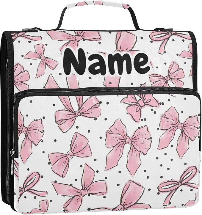 Custom Pink Bows Dots 3 Ring Binder Bag 1.5 inch Personalized Name Binder Organizer 500 Sheet Documents Storage for School Office