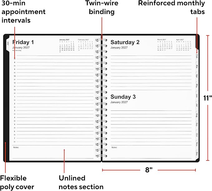Staples 2027 Daily Appointment Book, 8x11 Inch, Black, ST21487-27