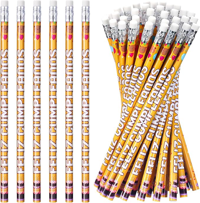 Tenceur 100 Pcs Feliz Cumpleanos Pencils Spanish Happy Birthday Pencils with Top Erasers Writing Materials Gifts for Birthday Party Supplies Reward Favors