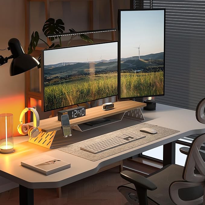 Fenge Dual Monitor Stand, Wooden Desk Shelf with Headphone & Phone Holder | 42.5" Monitor Riser with Storage Shelf, 2-Tier Monitor Shelf with Metal Leg for Home Office Organizer, Oak