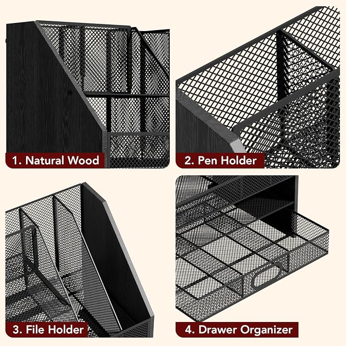 Wooden Desk Organizer - Mesh File Organizer with Drawers and Pen Holder - 4-Tier Vertical Paper Letter Storage Tray, Desktop Organizers and Accessories for Home Office (Black