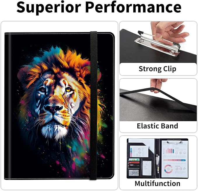 Padfolio/Portfolio Folder Clipboard,Padfolio Clipboard,Writing Portfolio Leather with Cover for Card Holder Slot Letter Size A4 for Office Conference Notepad Clip Boards,Colorful Lion