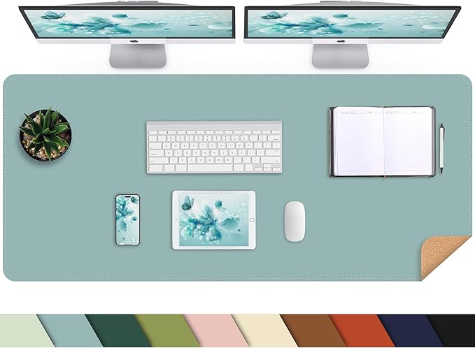 AFIING Cork Desk Mat 47" x 23.6", Dual-Sided Natural Cork & PU Leather Desk Pad, Non-Slip Waterproof Large Mouse Pad for Office, Home & Gaming (Light Blue)