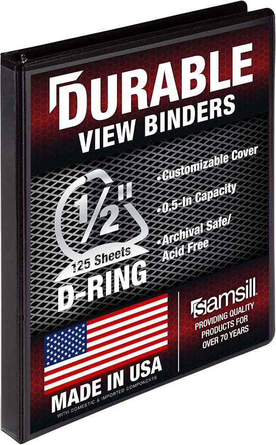 Samsill Durable 0.5 inch 3 Ring Binder, D Ring Binder,100% Recycled Chipboard, Black