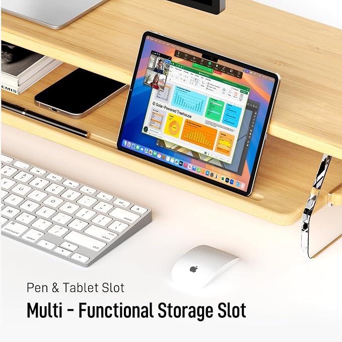 Bamboo Dual Monitor Stand for Desk,31.5 In 2 Tier Computer Riser Organizer | Desk Organizer Adjustable Arylic Feet Computer Monitor Stand, Desk Shelf for Office