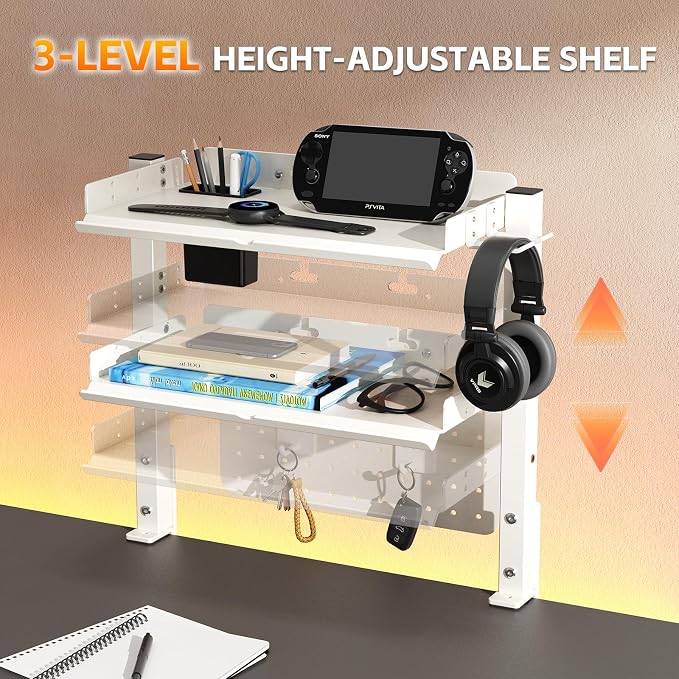 Metal Clamp On Desk Shelf,Storage Shelves with Pegboard and Pencil Holder | 2-Tier Adjustable 16 inch Above or Under Heavy Duty Desktop Organizer with Headphone Holder for Desk Accessories (White)