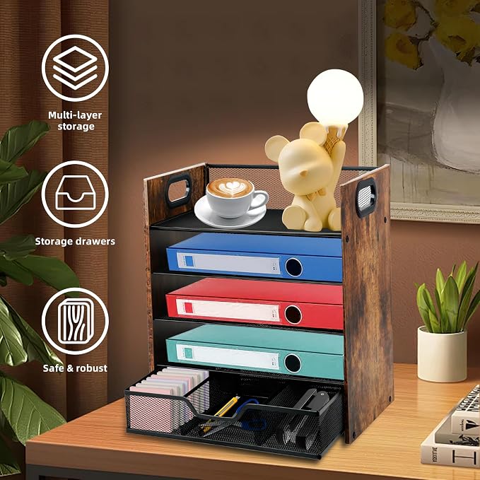 Desk Organizer, 5-Tier Desktop File Organizer with Drawer, Wooden Paper Tray Organizer, Office Desk Organzier and Accessories for Papers, Mail, Notebooks, Stationery