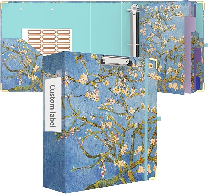 3 Ring Binder 3 Inch Round Ring Binder with 6 Tab Dividers，2 Interior Pockets，Cute Binder Clipboard with Storage, for School Office, Portfolio Organizer with Labels(Almond Tree)