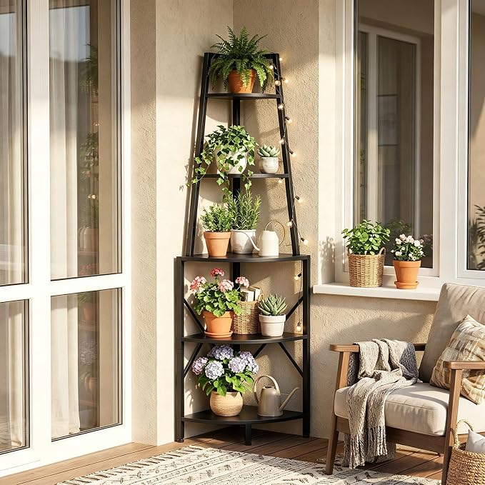 HOOBRO 5-Tier Corner Shelf with LED Lights, 67.9” Tall Corner Shelf Stand, Corner Bookshelf, Corner Plant Stand Display Shelf, for Living Room, Kitchen, Home Office, Black BB120DCJ01